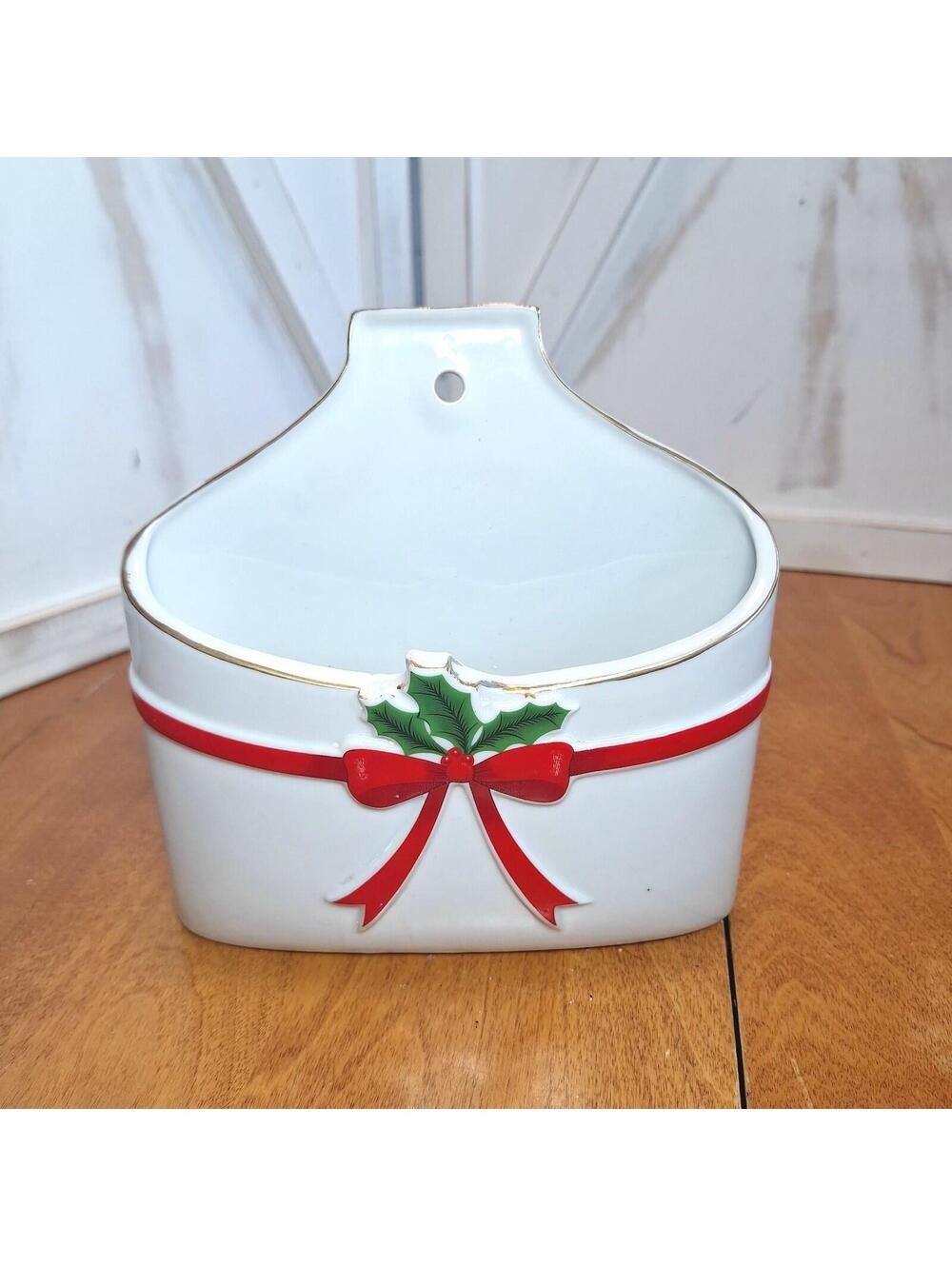 VTG Ceramic Christmas Letter Holder Wall Decor MCM Made in Japan Red Bow Holly